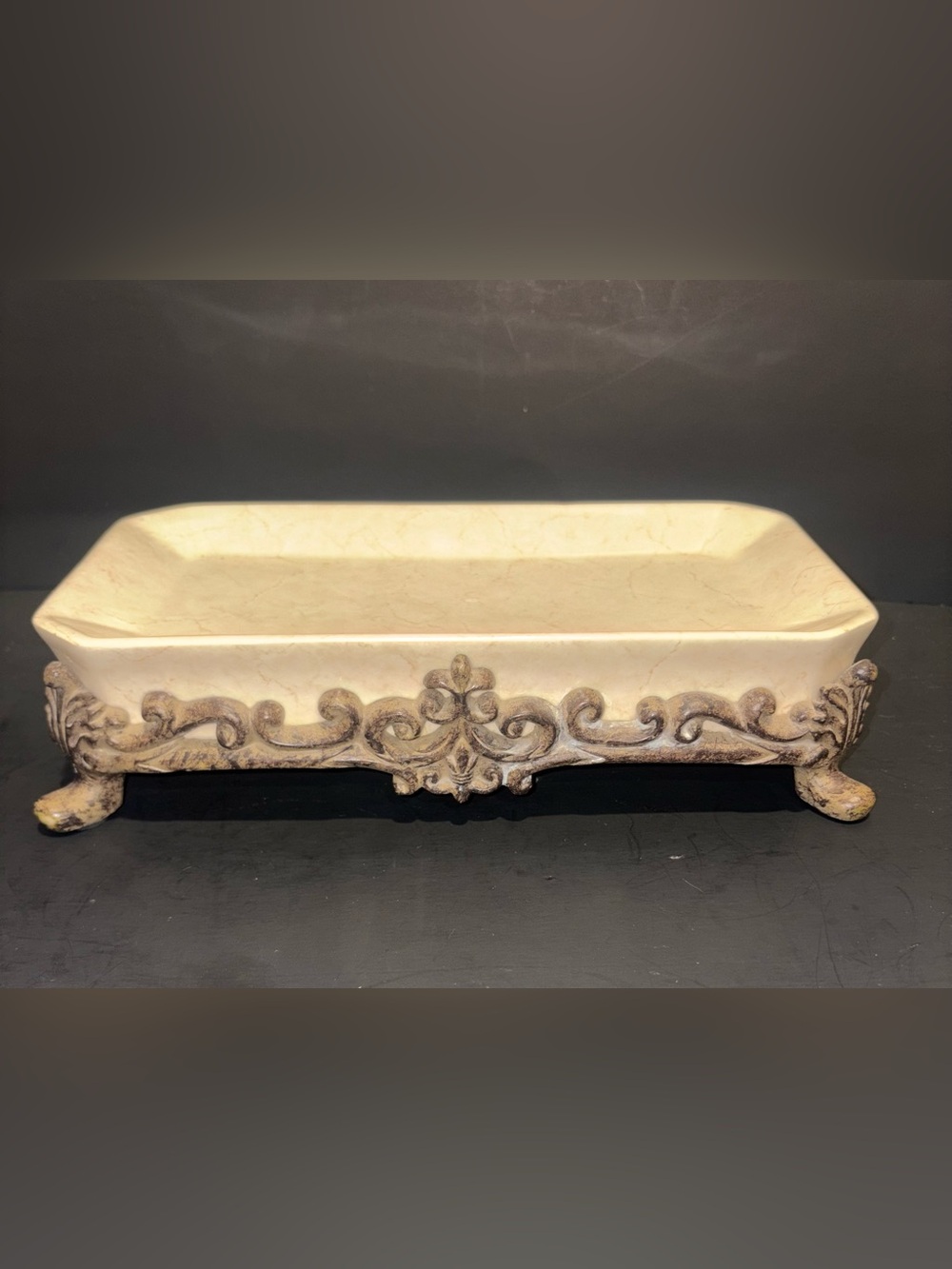 Decorative Cream and Brown Ornate Serving Tray/Loaf Tray, Bathroom Trinket Tray